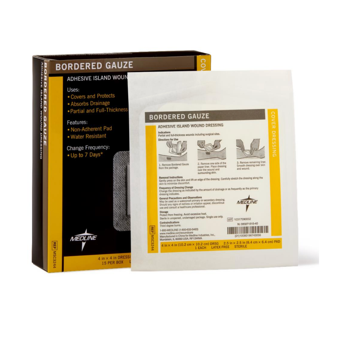 A box and single packet of Medline Bordered Gauze Adhesive Island Wound Dressings, featuring detailed instructions, yellow packaging accents, and a soft absorbent pad with a non-adherent contact layer.